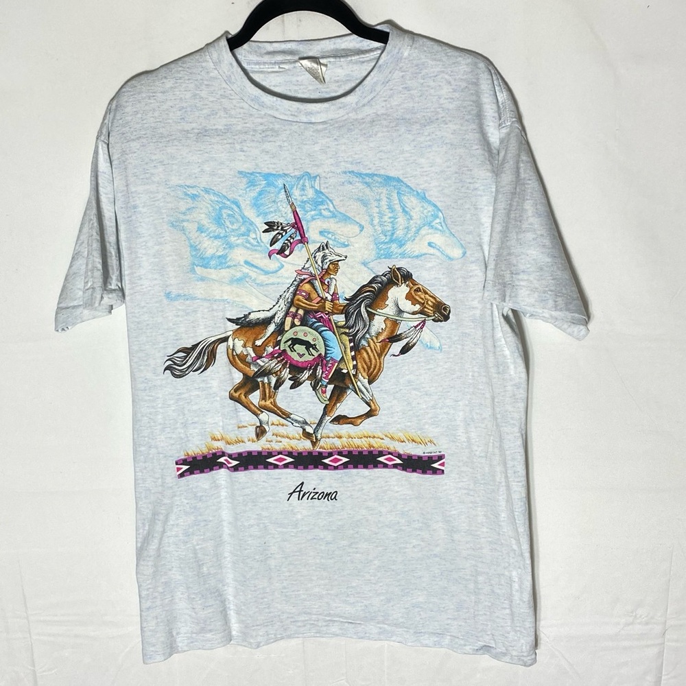 Vintage Habitat Arizona Native American On Horseback W Wolves Graphic Tee L